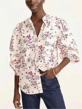 NWOT J CREW Collarless Preppy Puff Sleeve Button Up Shirt Pink